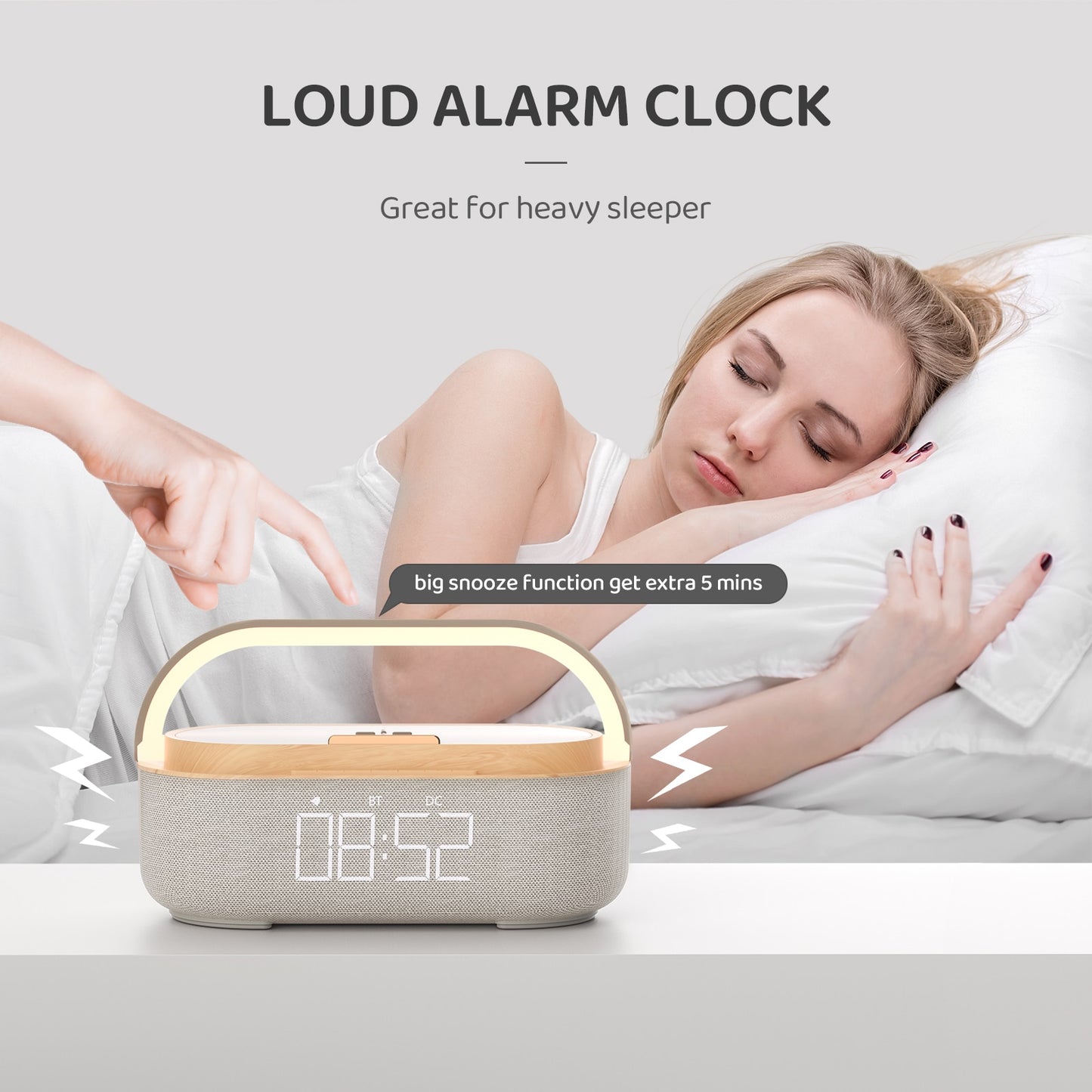 6-in-1 Modern Minimalist Digital Alarm, Clock, Radio, Bluetooth Speaker, Wireless Charger, Lamp with LED Display