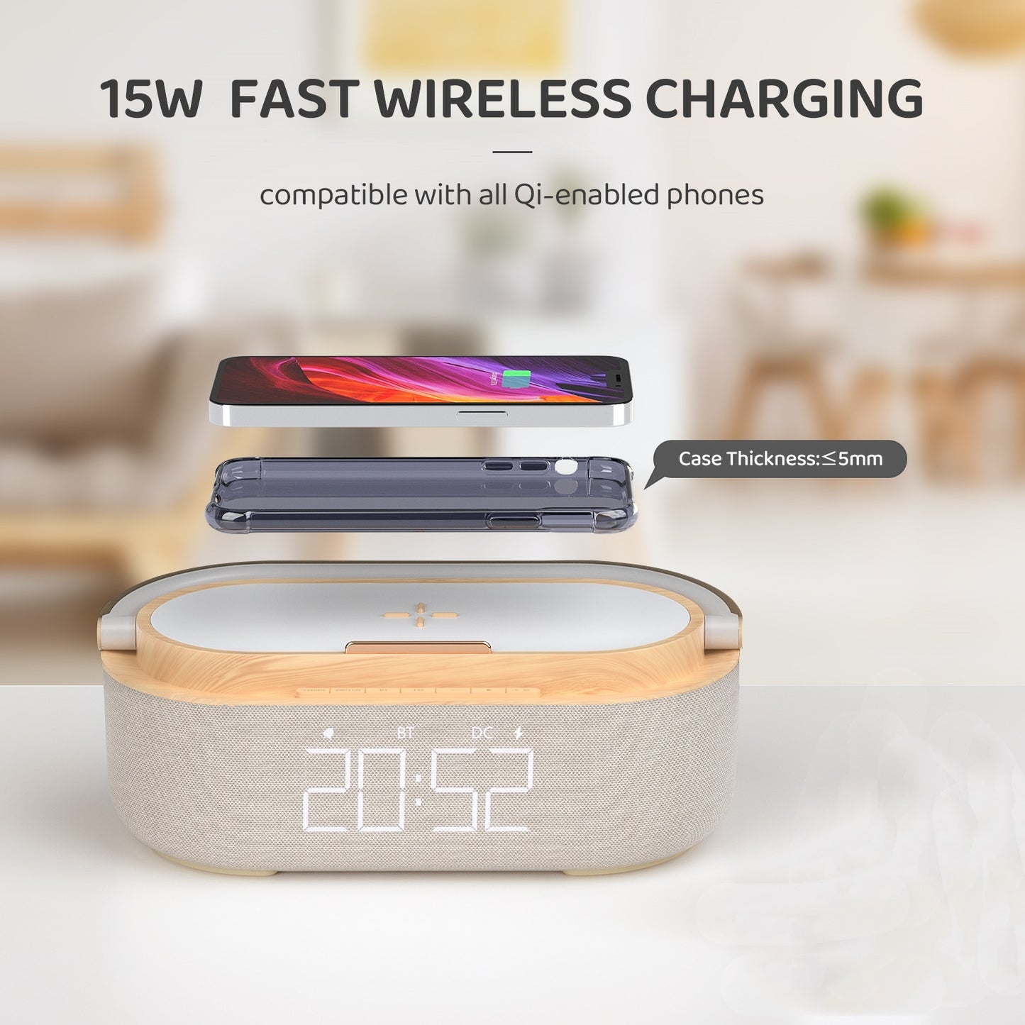 6-in-1 Modern Minimalist Digital Alarm, Clock, Radio, Bluetooth Speaker, Wireless Charger, Lamp with LED Display