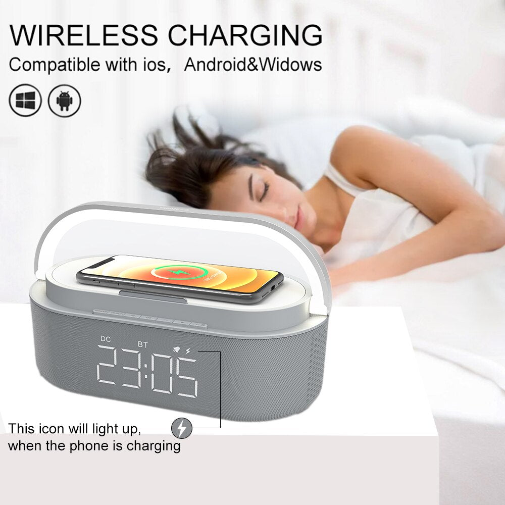 6-in-1 Modern Minimalist Digital Alarm, Clock, Radio, Bluetooth Speaker, Wireless Charger, Lamp with LED Display