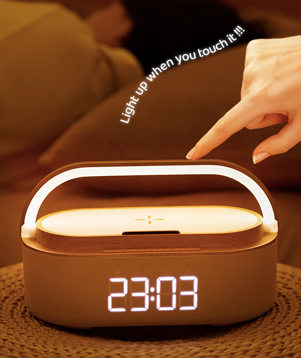 6-in-1 Modern Minimalist Digital Alarm, Clock, Radio, Bluetooth Speaker, Wireless Charger, Lamp with LED Display