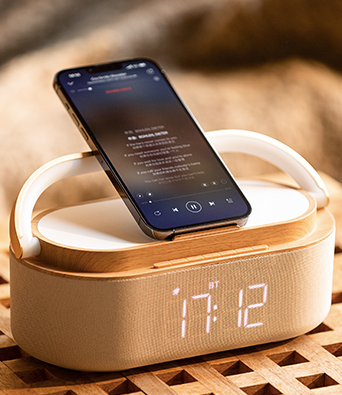 6-in-1 Modern Minimalist Digital Alarm, Clock, Radio, Bluetooth Speaker, Wireless Charger, Lamp with LED Display