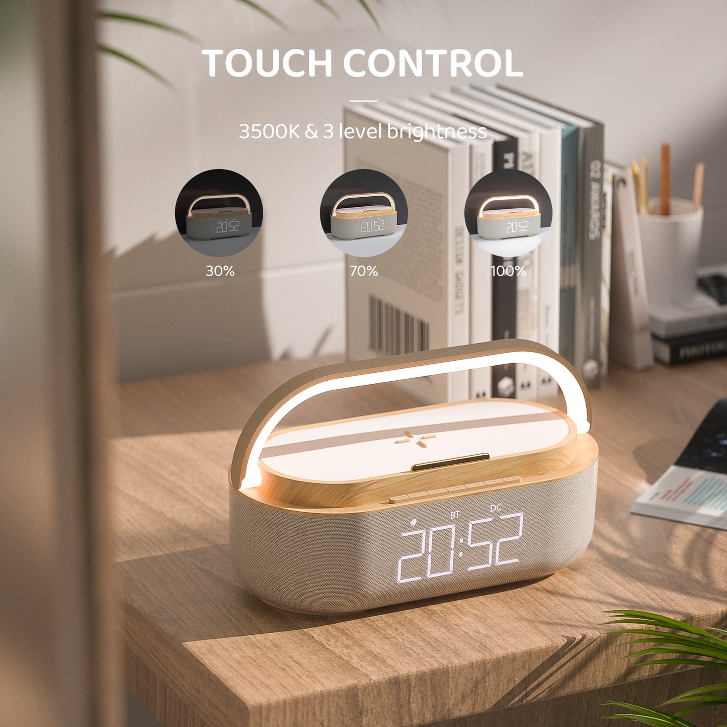 6-in-1 Modern Minimalist Digital Alarm, Clock, Radio, Bluetooth Speaker, Wireless Charger, Lamp with LED Display