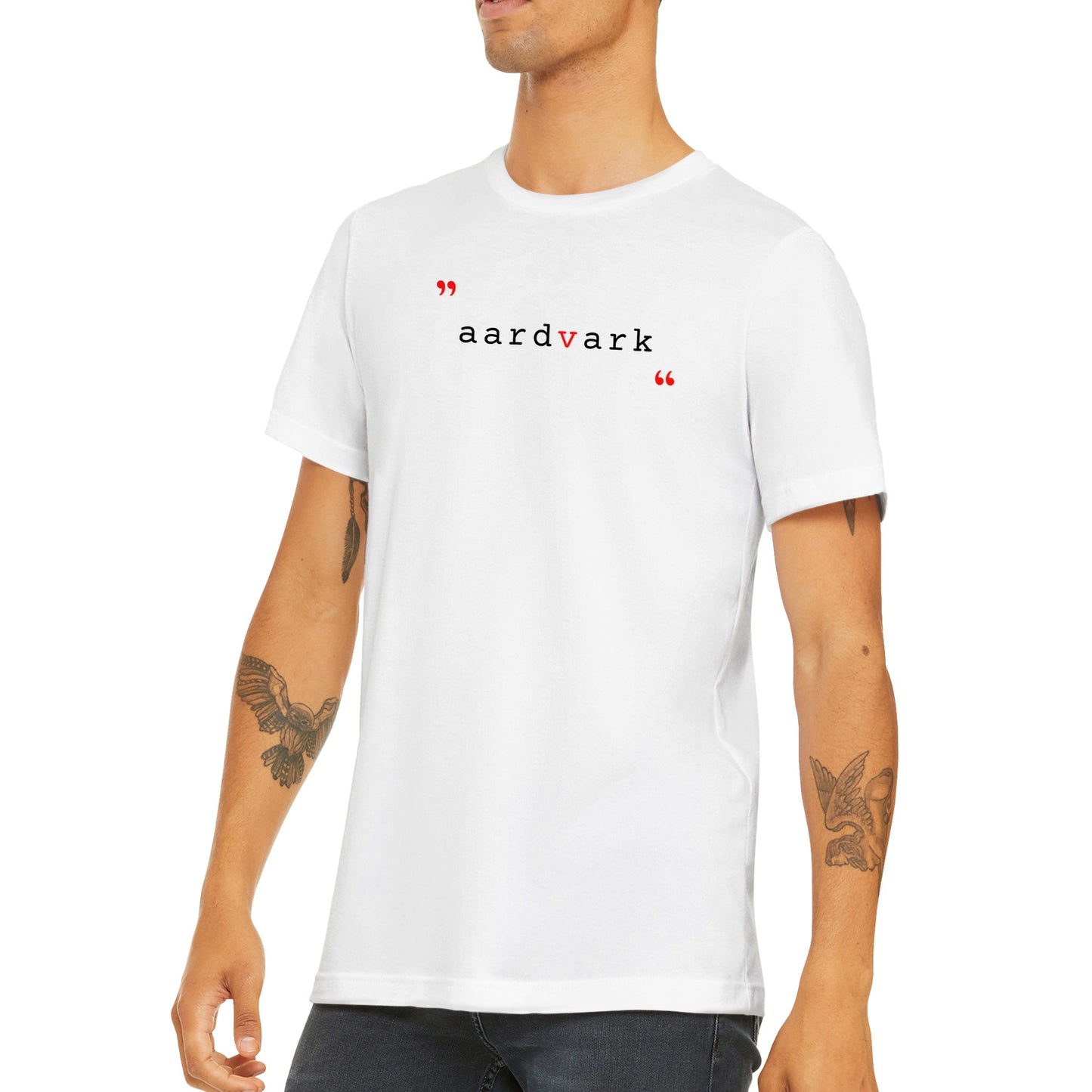 Aardvark Typography Typeset Typewriter Modern Minimalist Premium Unisex Classic Crewneck T-shirt (WHITE)