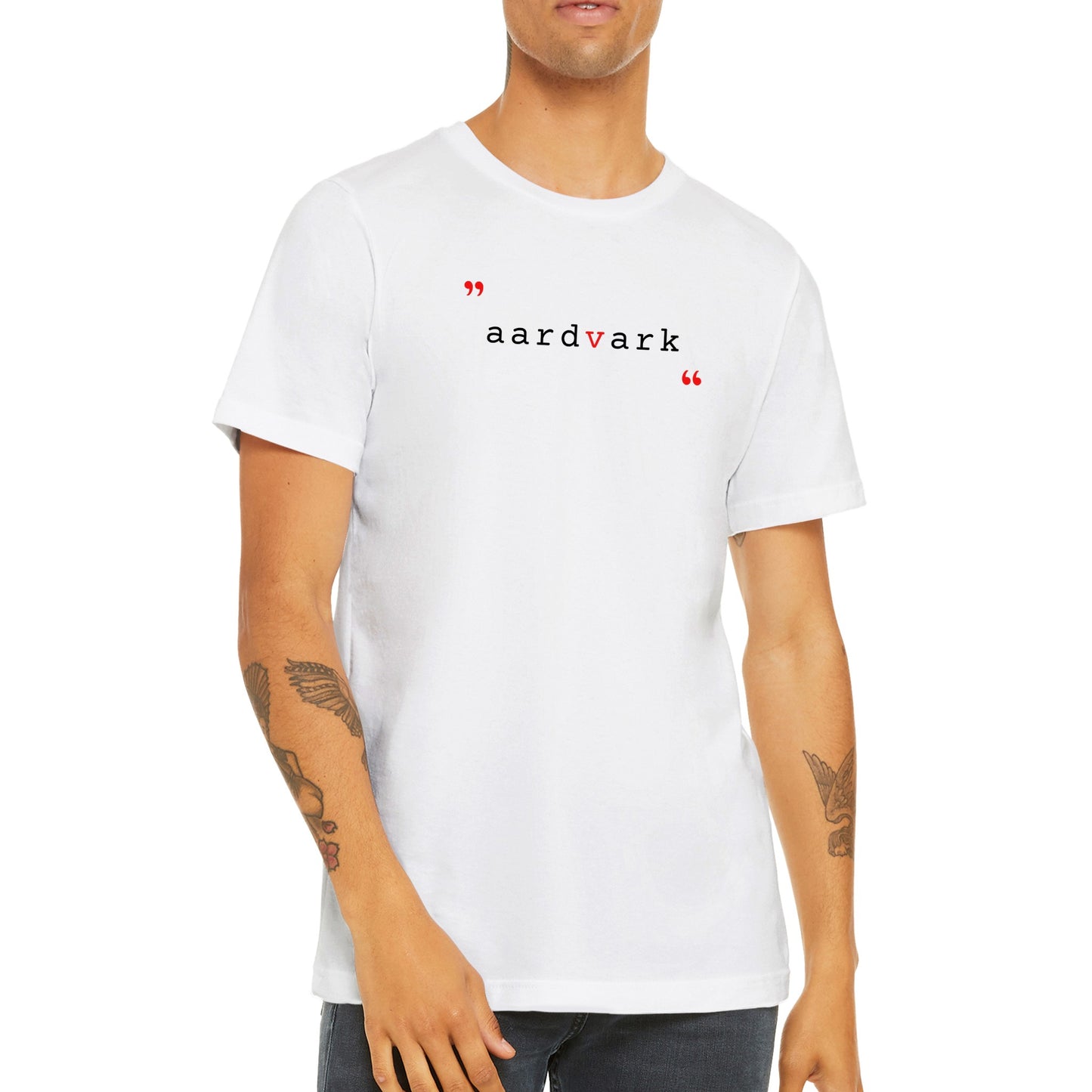 Aardvark Typography Typeset Typewriter Modern Minimalist Premium Unisex Classic Crewneck T-shirt (WHITE)